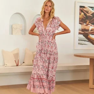 Boho Midikleid in Rosé mit floralem Muster und Smoktaille